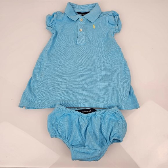 Ralph Lauren Baby Girl Polo Dress Aqua Blue Yellow Pony 2 Piece Set 6-9 m - Picture 1 of 4